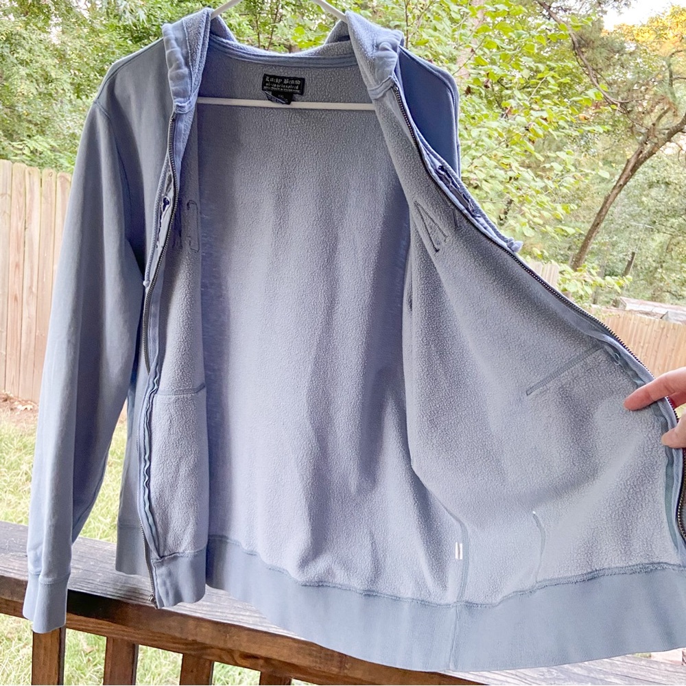 Lucky Brand Zip Up Hoodie Sweatshirt Style Jacket Distressed Logo Lettering Blue - Picture 5 of 13
